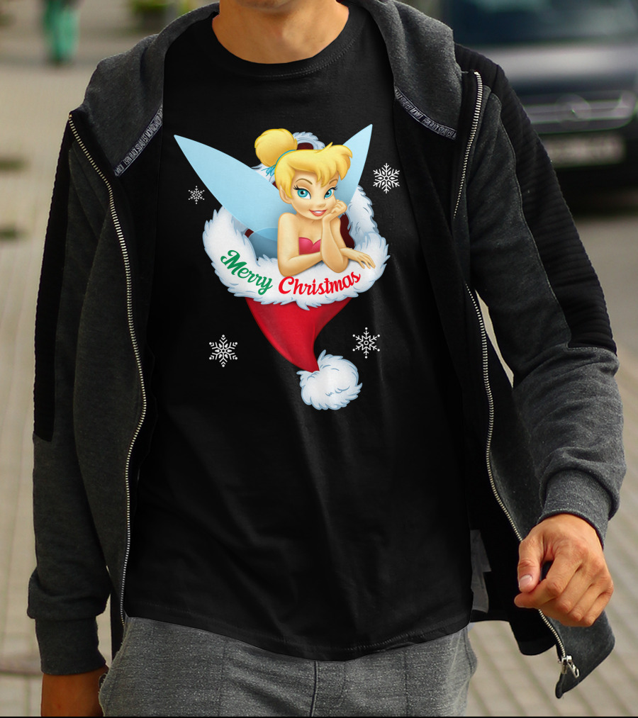 Tinkerbell Merry Christmas Santa Hat Snowflakes T-Shirt