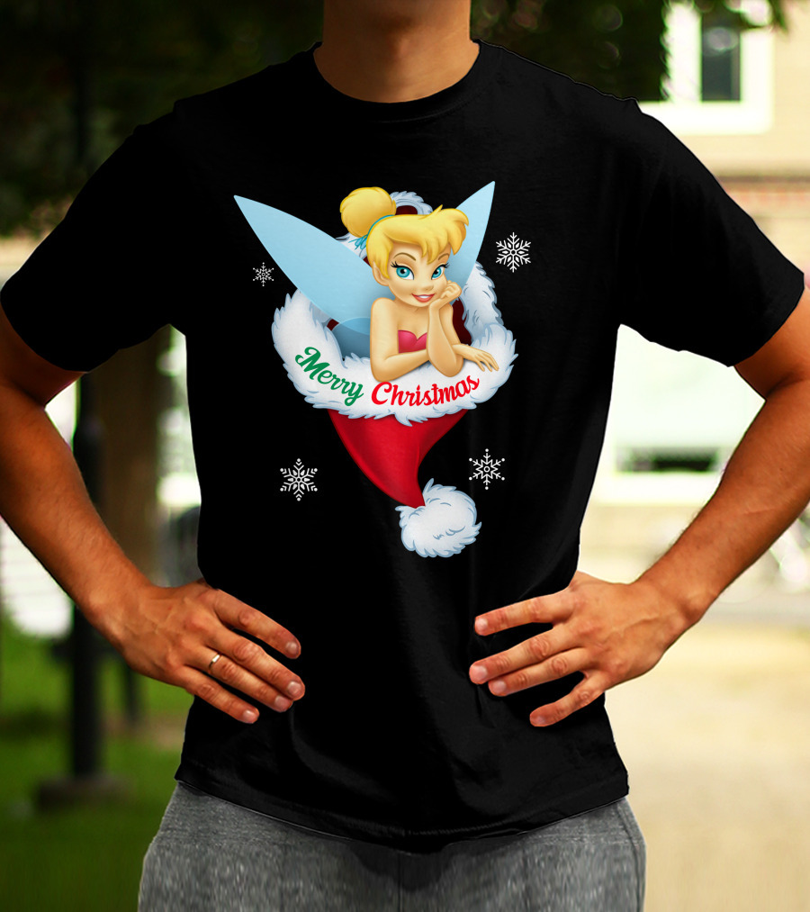 Tinkerbell Merry Christmas Santa Hat Snowflakes T-Shirt