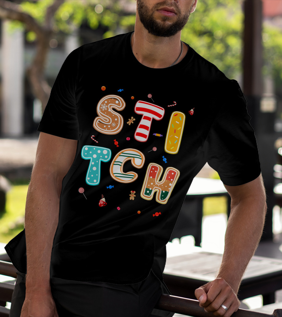 Stitch Gingerbread Candy Cane Christmas Letters T-Shirt