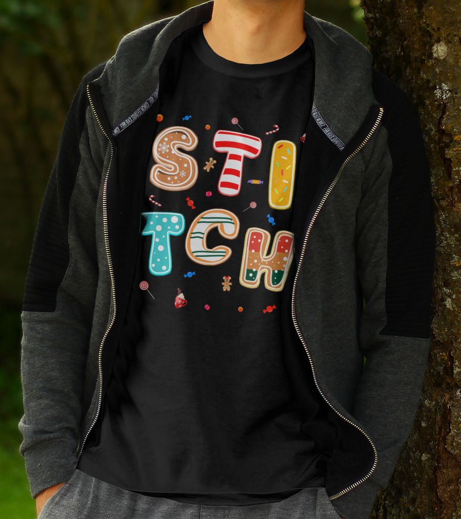 Stitch Gingerbread Candy Cane Christmas Letters T-Shirt
