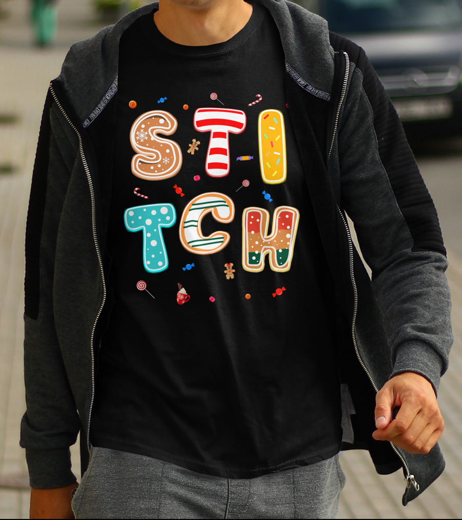 Stitch Gingerbread Candy Cane Christmas Letters T-Shirt