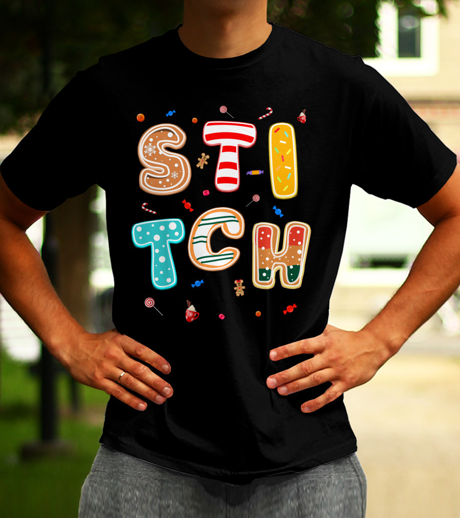 Stitch Gingerbread Candy Cane Christmas Letters T-Shirt