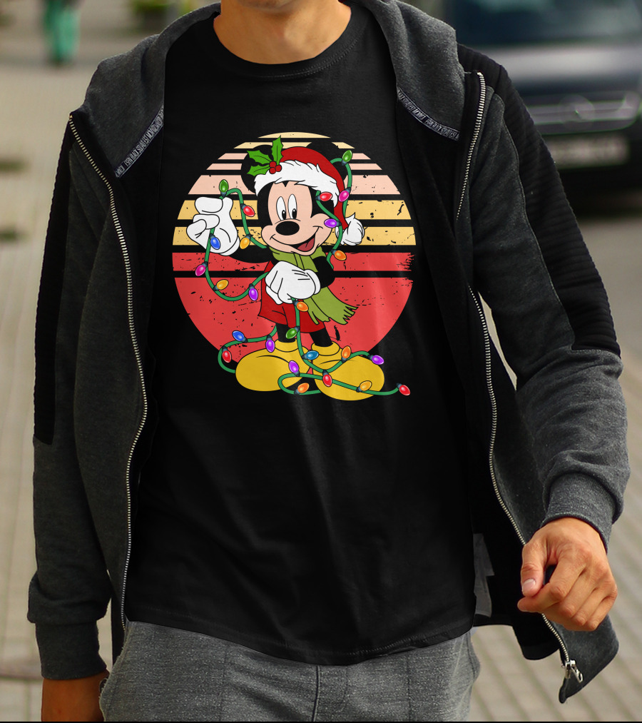 Mickey Christmas Lights Santa Hat Retro Holiday T-Shirt