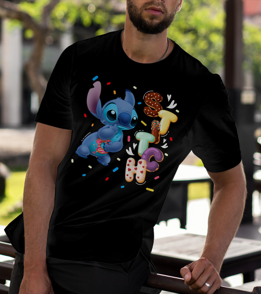 Stitch Donut Letter Sprinkles And Cute Blue Alien Character T-Shirt