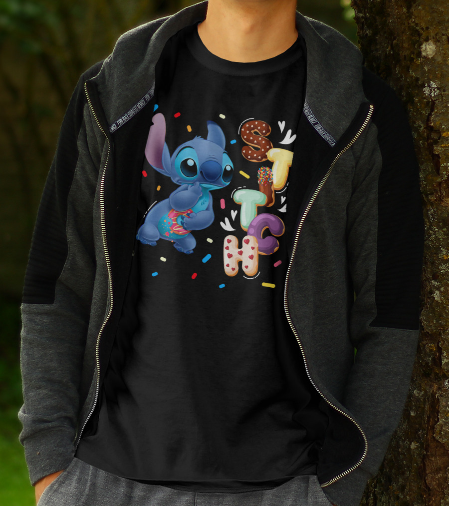 Stitch Donut Letter Sprinkles And Cute Blue Alien Character T-Shirt
