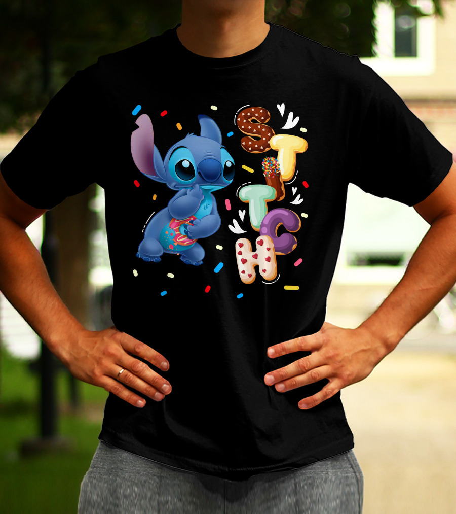 Stitch Donut Letter Sprinkles And Cute Blue Alien Character T-Shirt