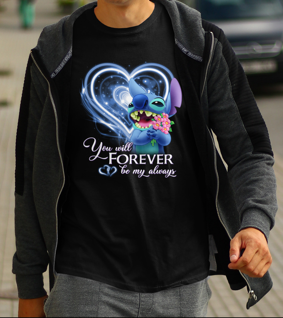 You Will Forever Be My Always Stitch Holding Flowers Heart T-Shirt