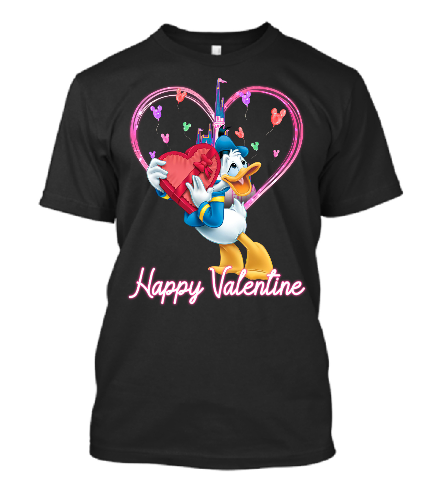 Donald Duck Happy Valentine Heart Balloons And Castle T-Shirt