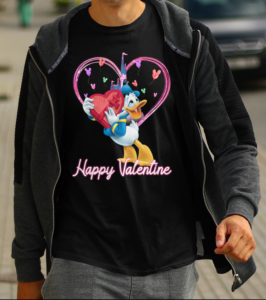 Donald Duck Happy Valentine Heart Balloons And Castle T-Shirt
