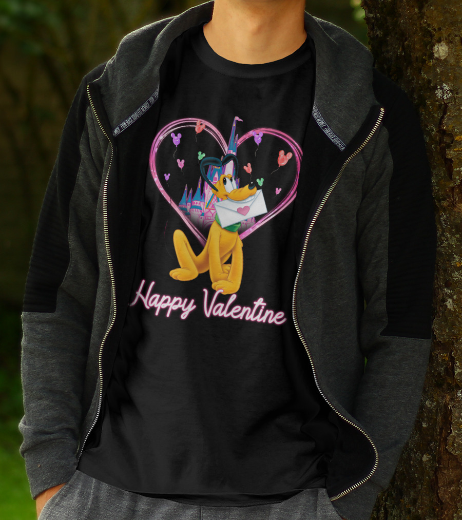 Happy Valentine Pluto Letter Heart Balloons Castle T-Shirt