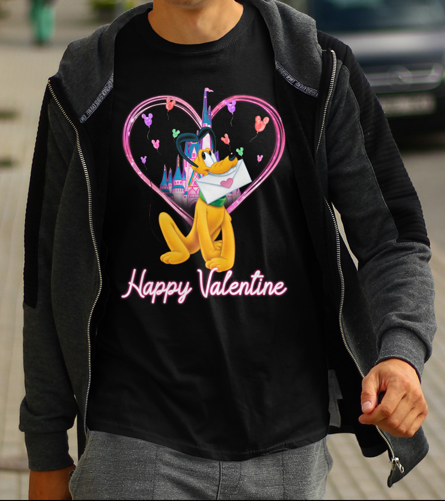 Happy Valentine Pluto Letter Heart Balloons Castle T-Shirt