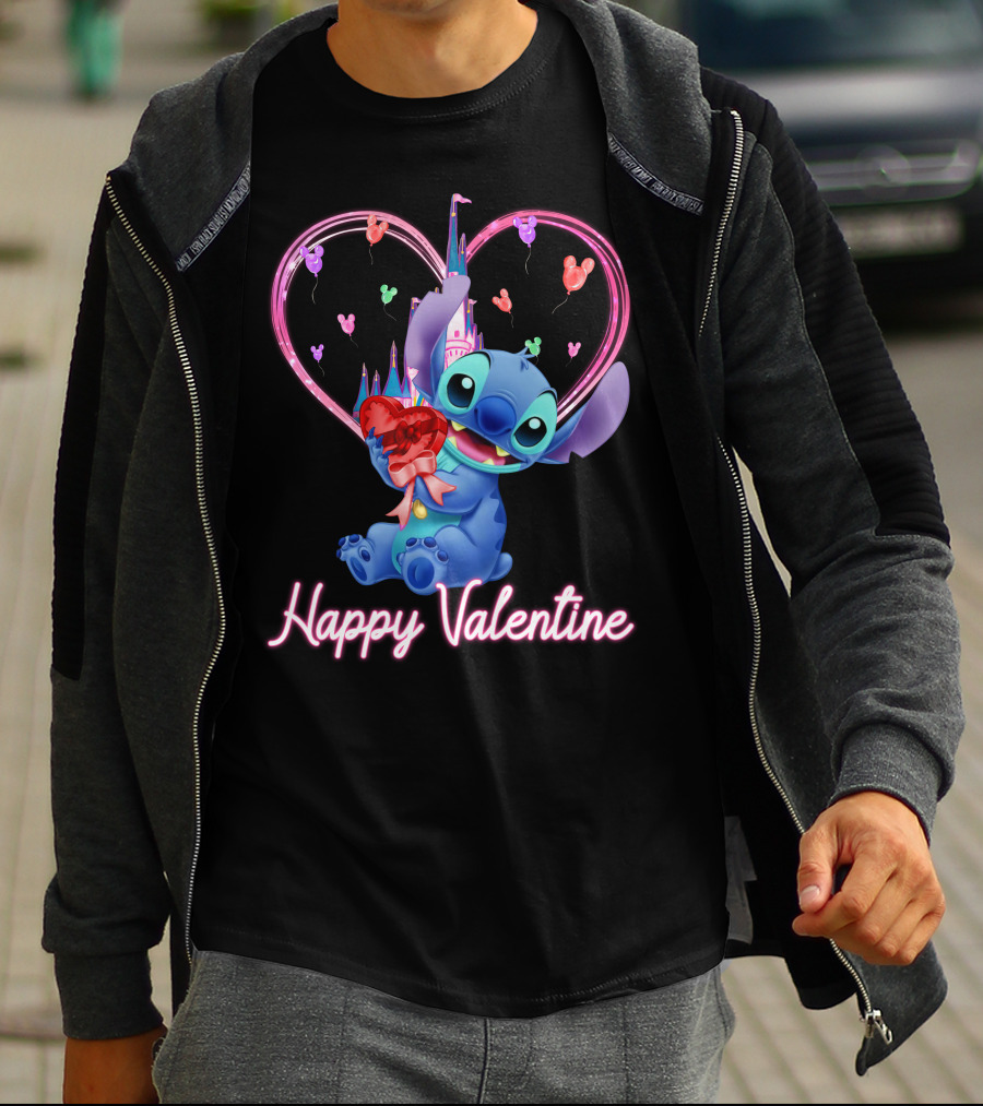 Happy Valentine Stitch Holding Heart With Castle And Balloons T-Shirt