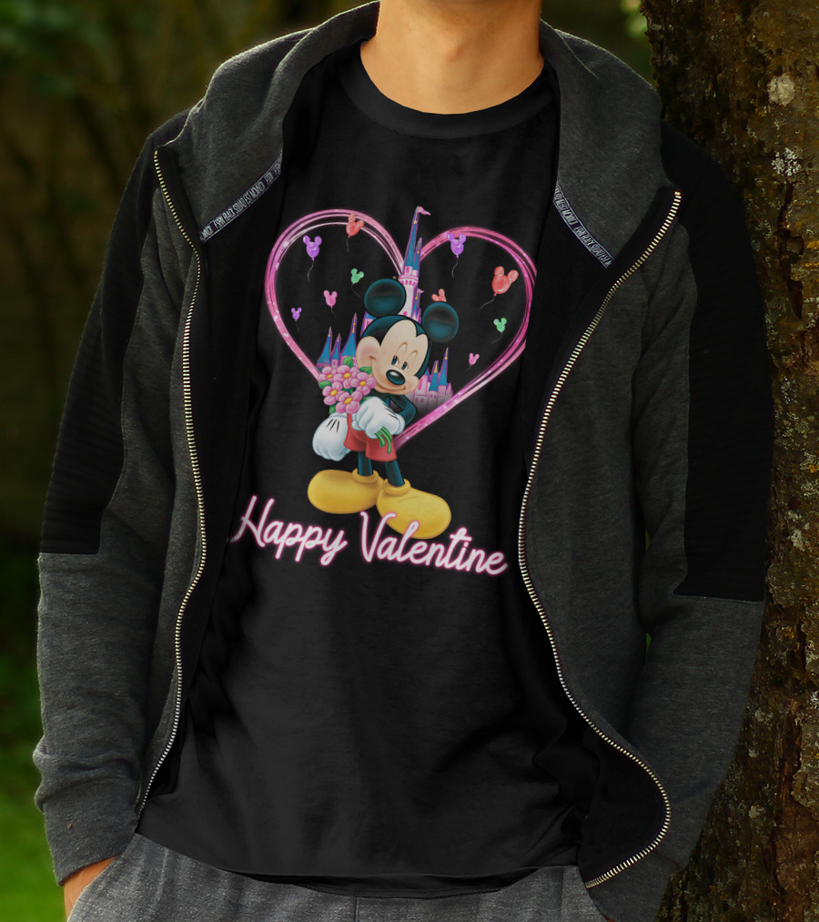 Happy Valentine Mickey Mouse Bouquet And Castle Balloons T-Shirt