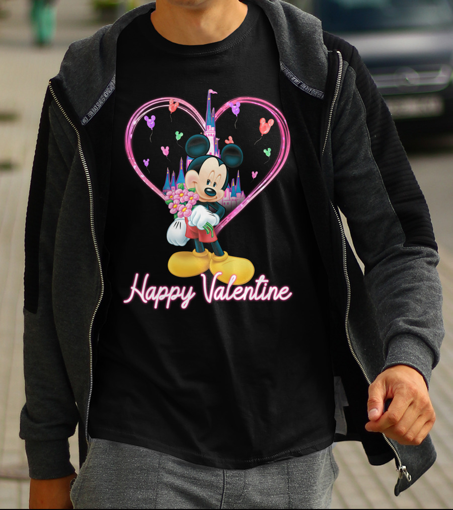 Happy Valentine Mickey Mouse Bouquet And Castle Balloons T-Shirt