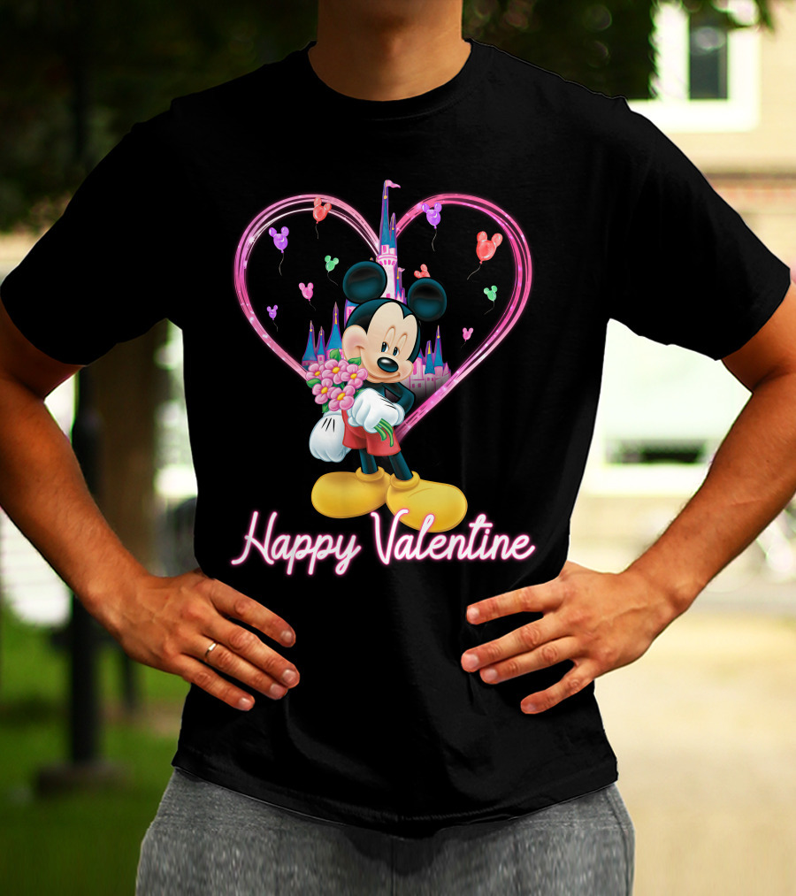 Happy Valentine Mickey Mouse Bouquet And Castle Balloons T-Shirt
