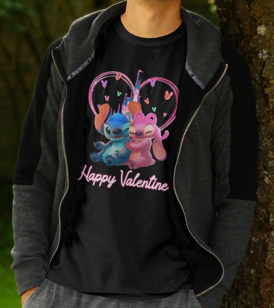 Happy Valentine Stitch Angel Castle Heart Balloons T-Shirt