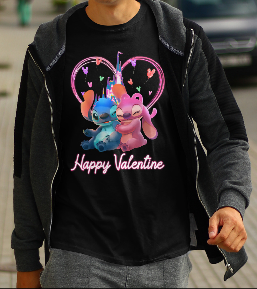 Happy Valentine Stitch Angel Castle Heart Balloons T-Shirt