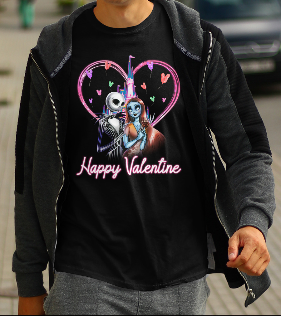 Happy Valentine Jack And Sally Disney Castle Heart Balloons T-Shirt