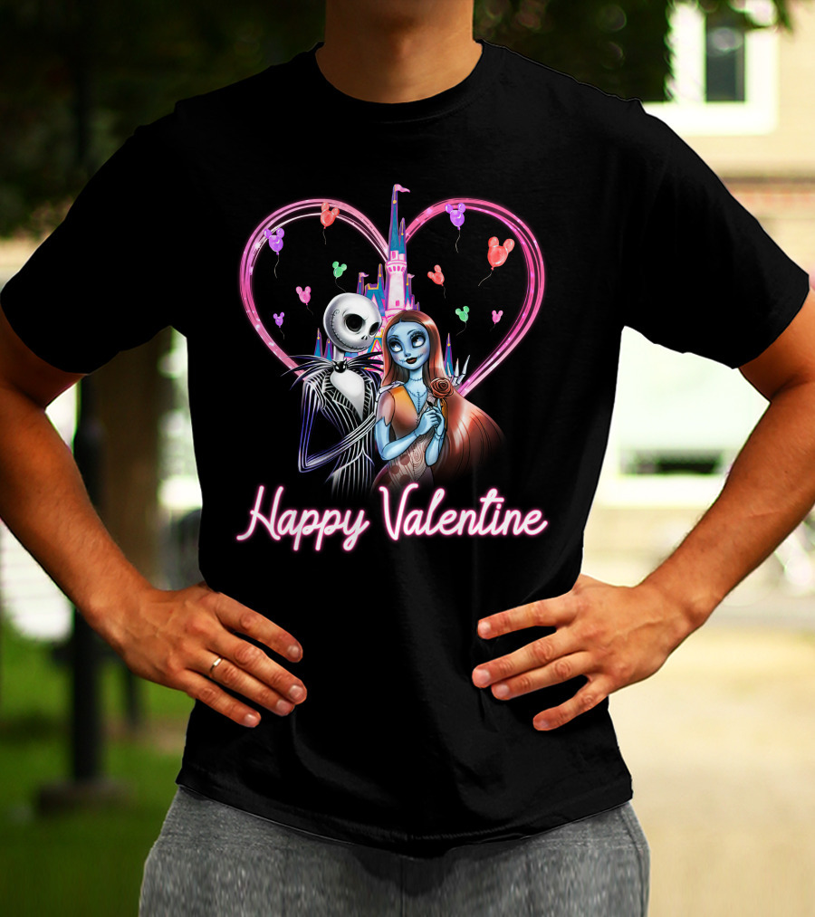 Happy Valentine Jack And Sally Disney Castle Heart Balloons T-Shirt
