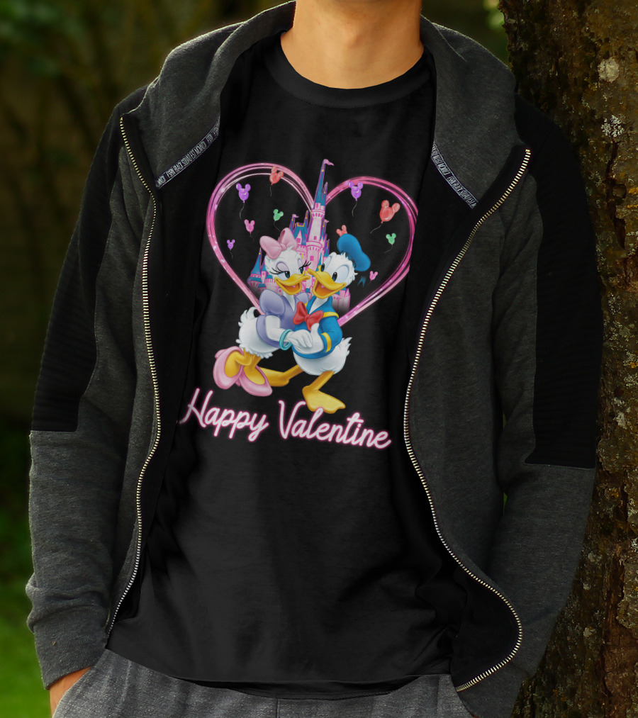 Happy Valentine Donald And Daisy In Front Of Heart Castle T-Shirt