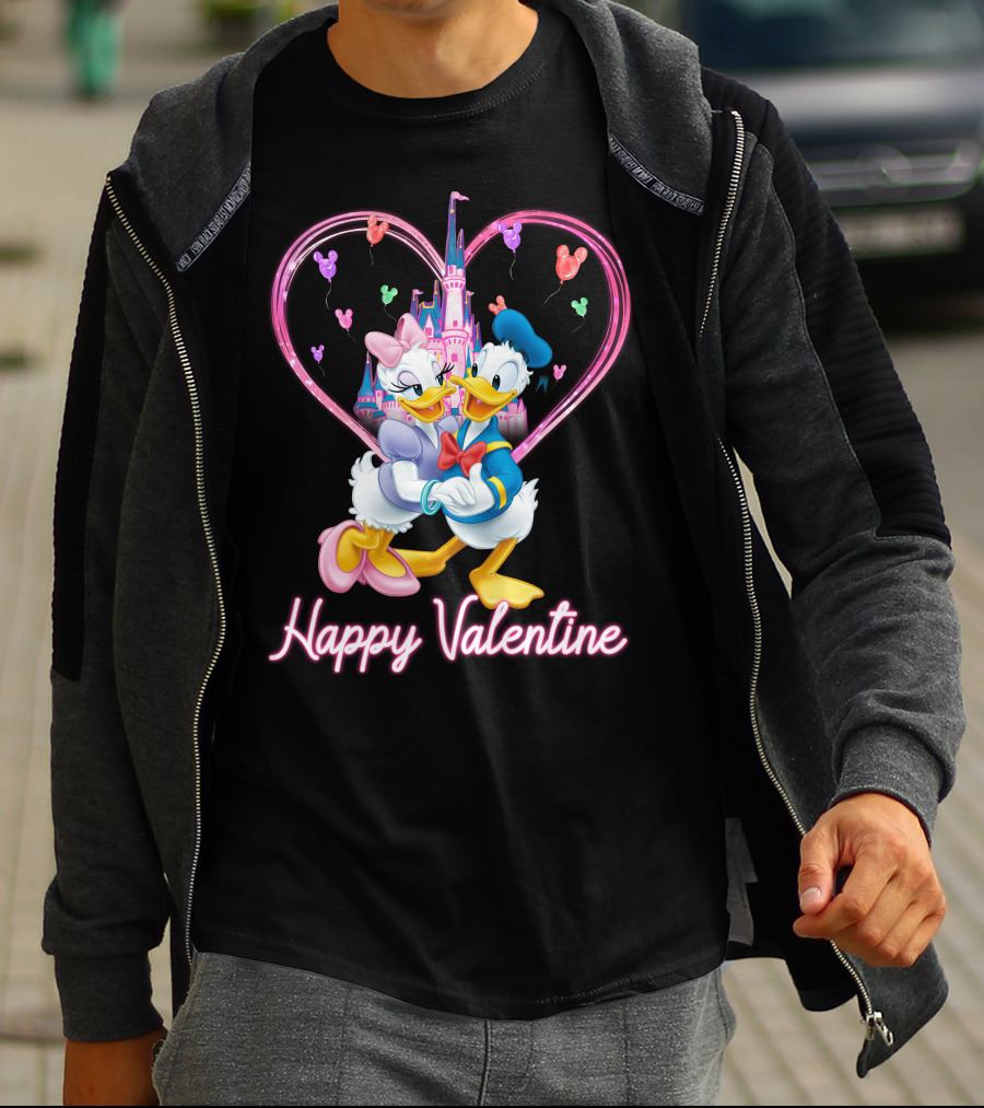 Happy Valentine Donald And Daisy In Front Of Heart Castle T-Shirt