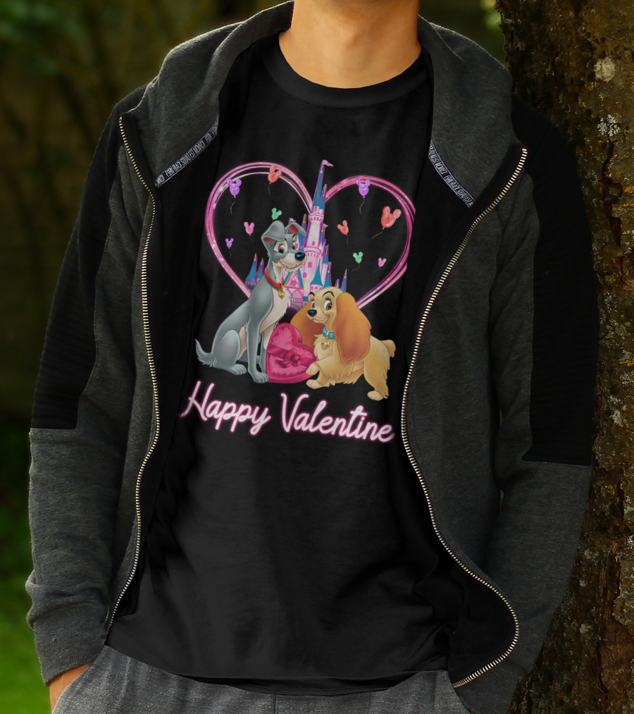 Happy Valentine Lady & The Tramp Heart Castle Balloons T-Shirt