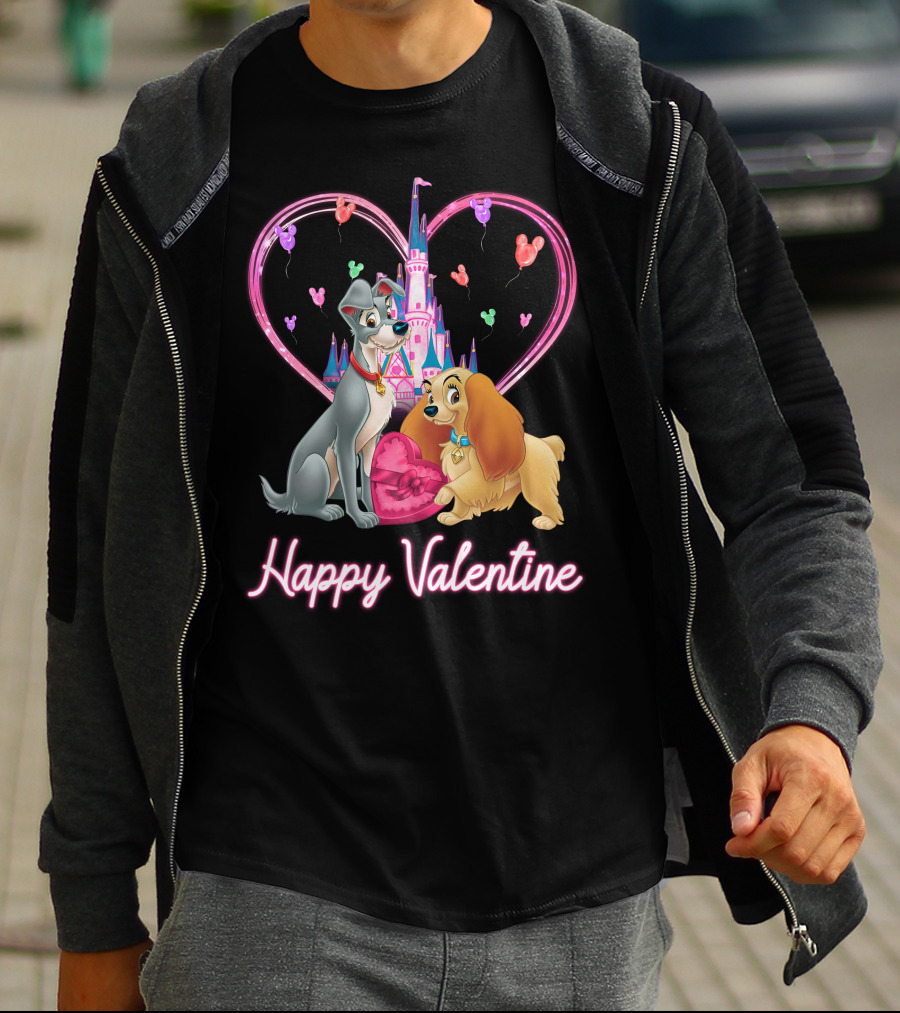 Happy Valentine Lady & The Tramp Heart Castle Balloons T-Shirt