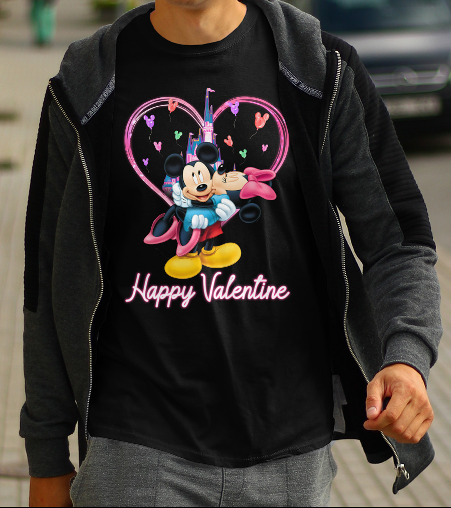 Mickey & Minnie Happy Valentine Heart And Castle Celebration T-Shirt