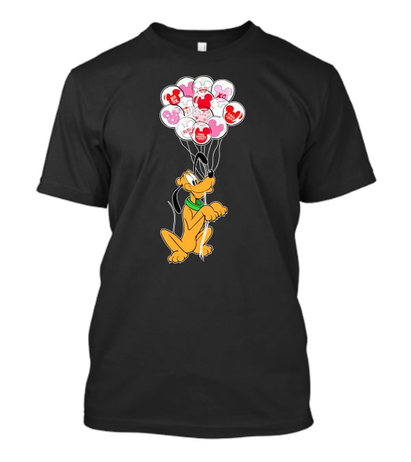 Pluto Holding Mickey And Minnie Balloons With Hearts And Xo Patterns T-Shirt