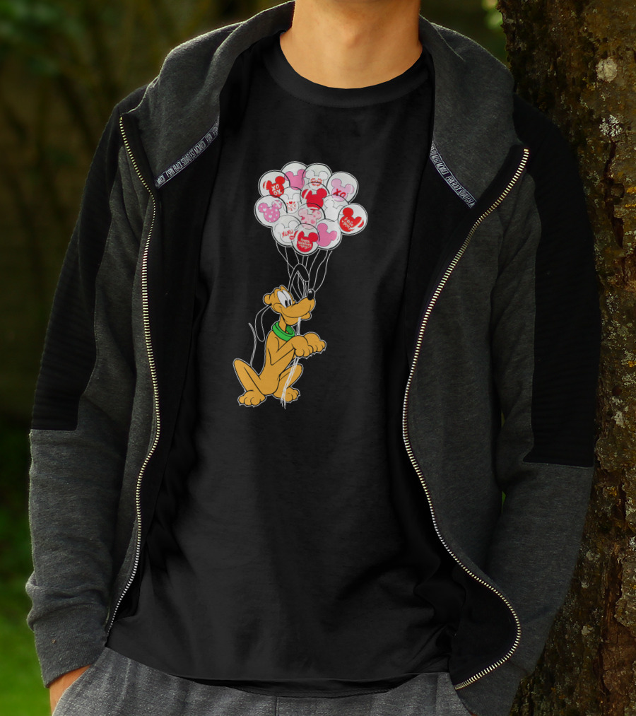 Pluto Holding Mickey And Minnie Balloons With Hearts And Xo Patterns T-Shirt