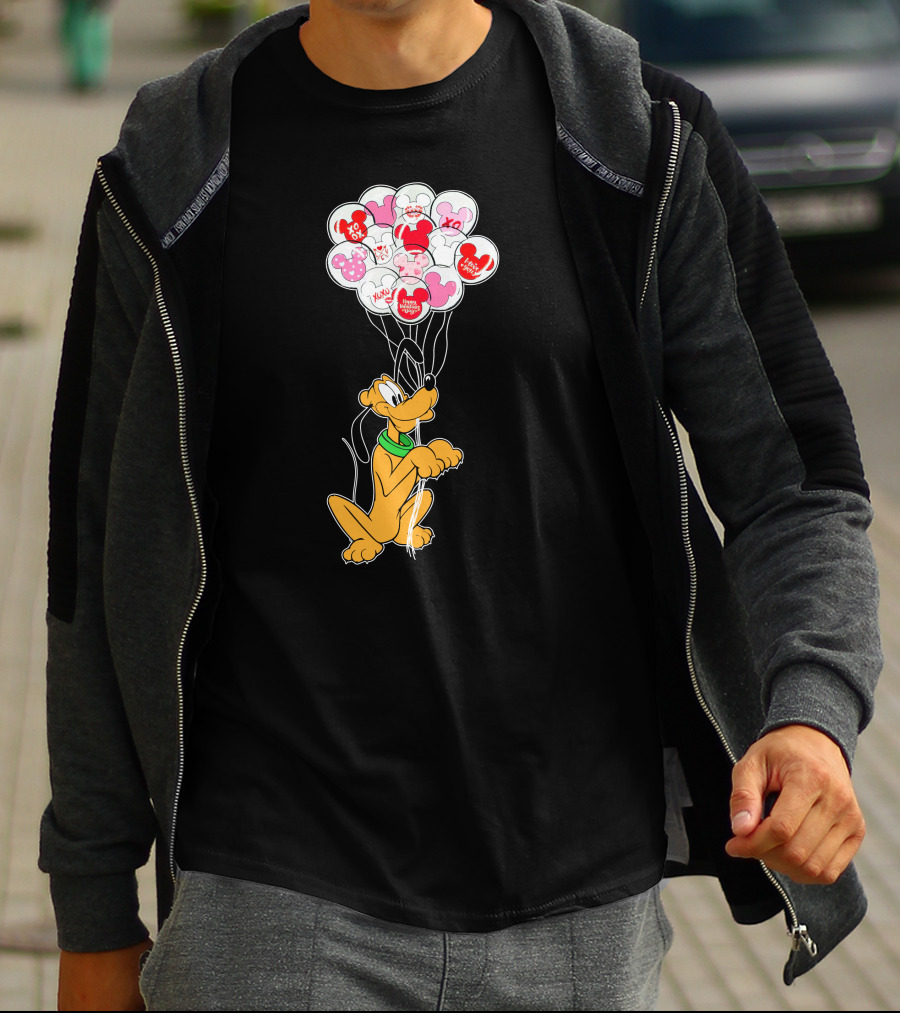 Pluto Holding Mickey And Minnie Balloons With Hearts And Xo Patterns T-Shirt