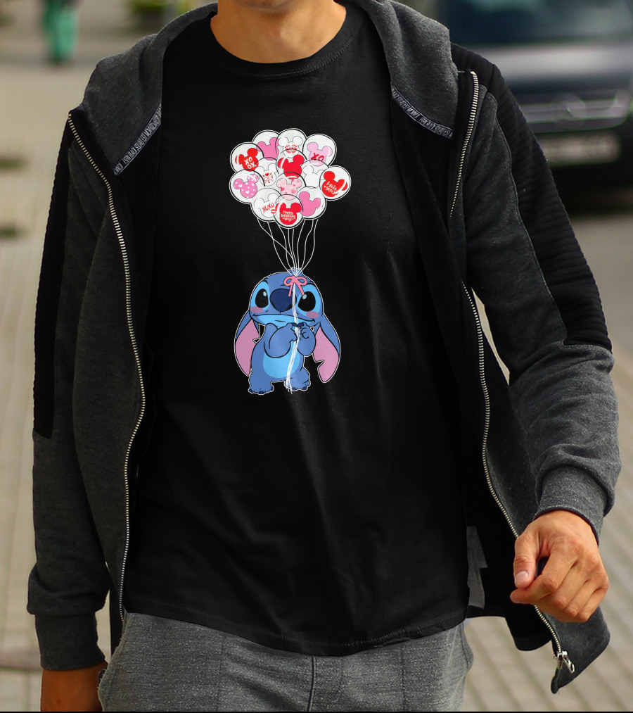 Stitch And Mickey Balloons Valentine's Xo Love T-Shirt
