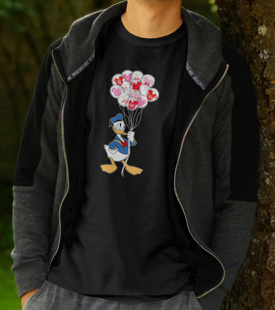 Donald Duck Holding Heart Balloons With Mickey Mouse And Minnie Icons T-Shirt
