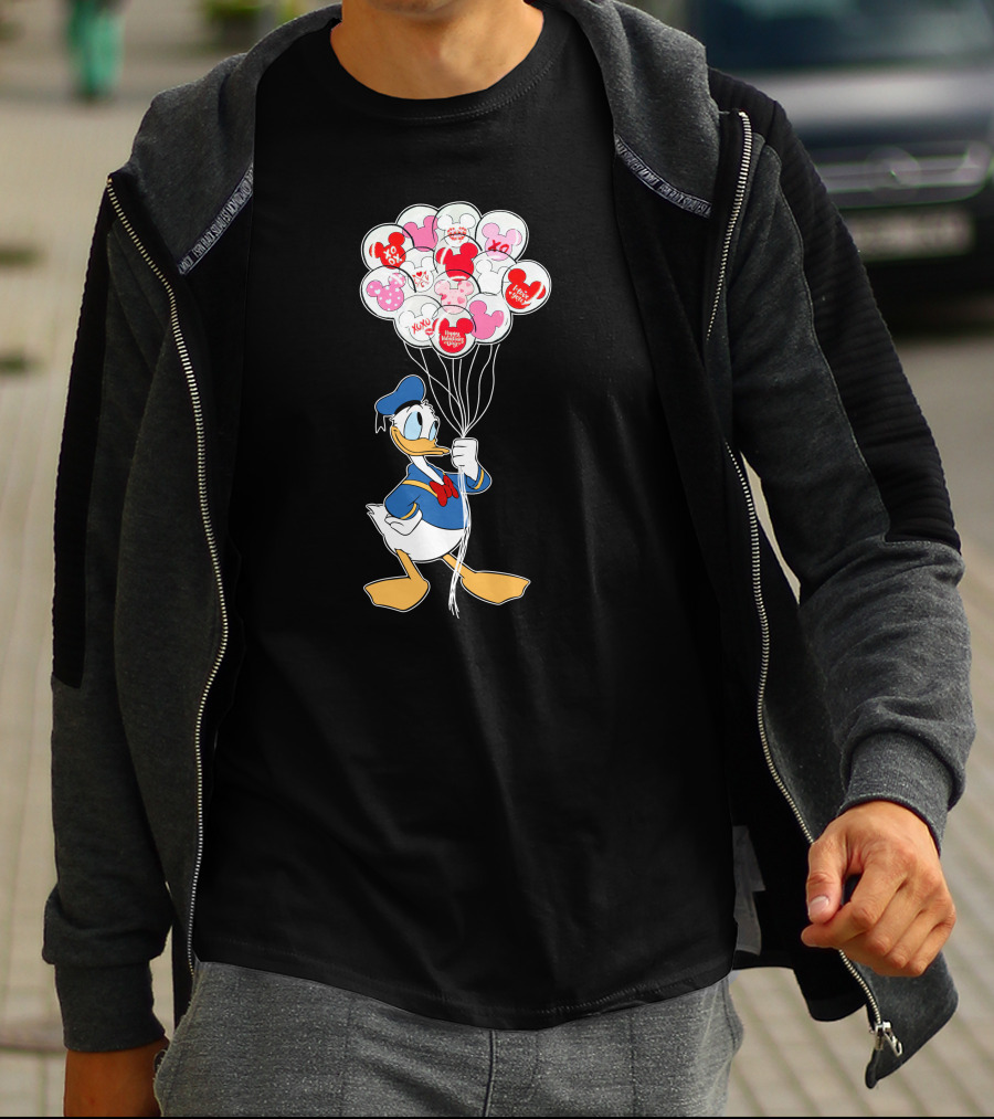 Donald Duck Holding Heart Balloons With Mickey Mouse And Minnie Icons T-Shirt