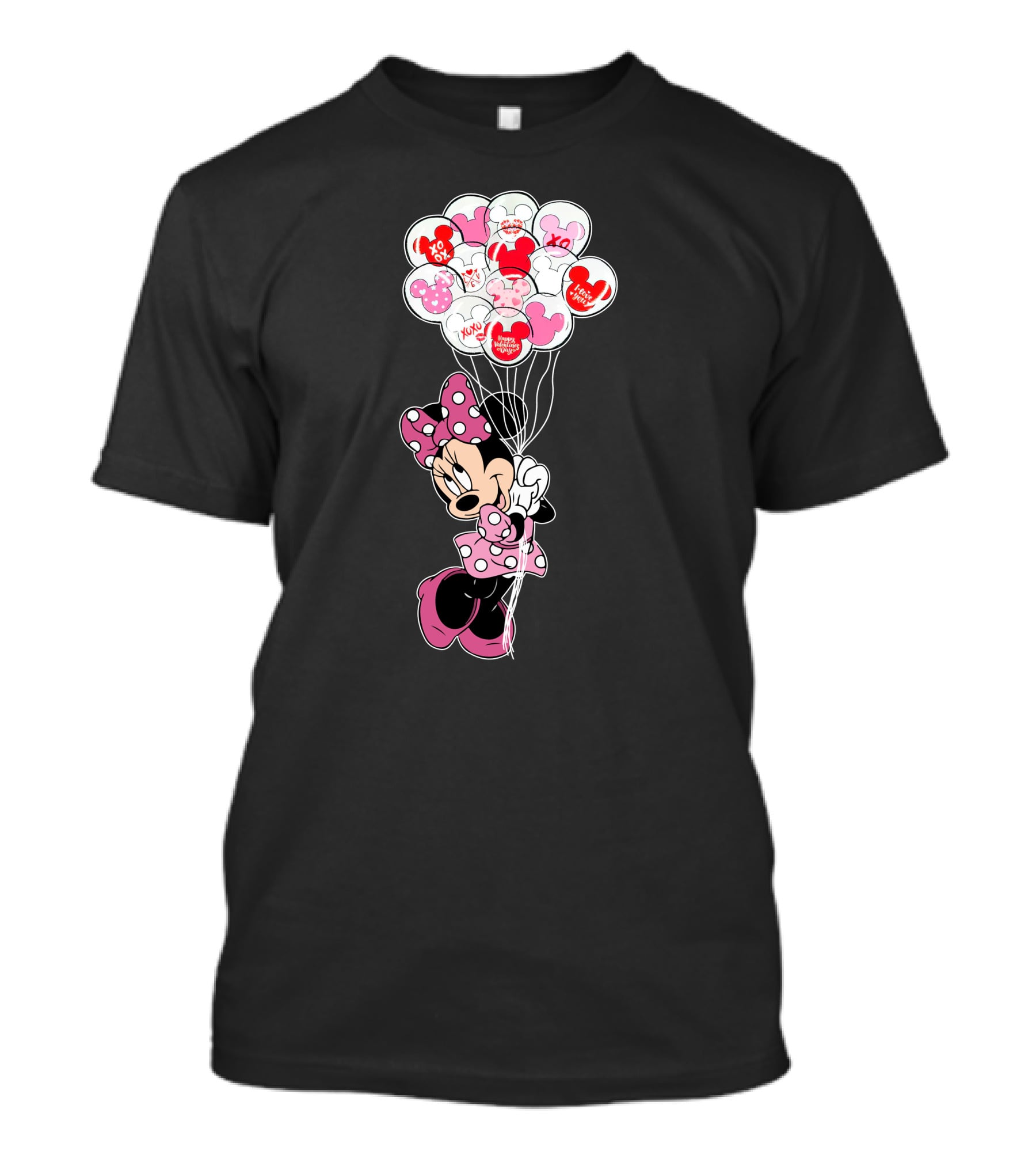 Minnie Mouse Holding Heart Balloons With Xoxo And Hugs Kisses Patterns T-Shirt