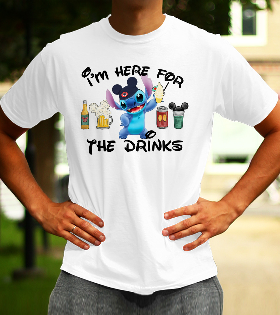 I'm Here For The Drinks Disney Stitch Hat Beer Cocktails T-Shirt