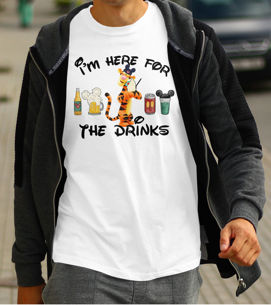 I'm Here For The Drinks Tigger Mickey Ears Beer Can Bottle T-Shirt