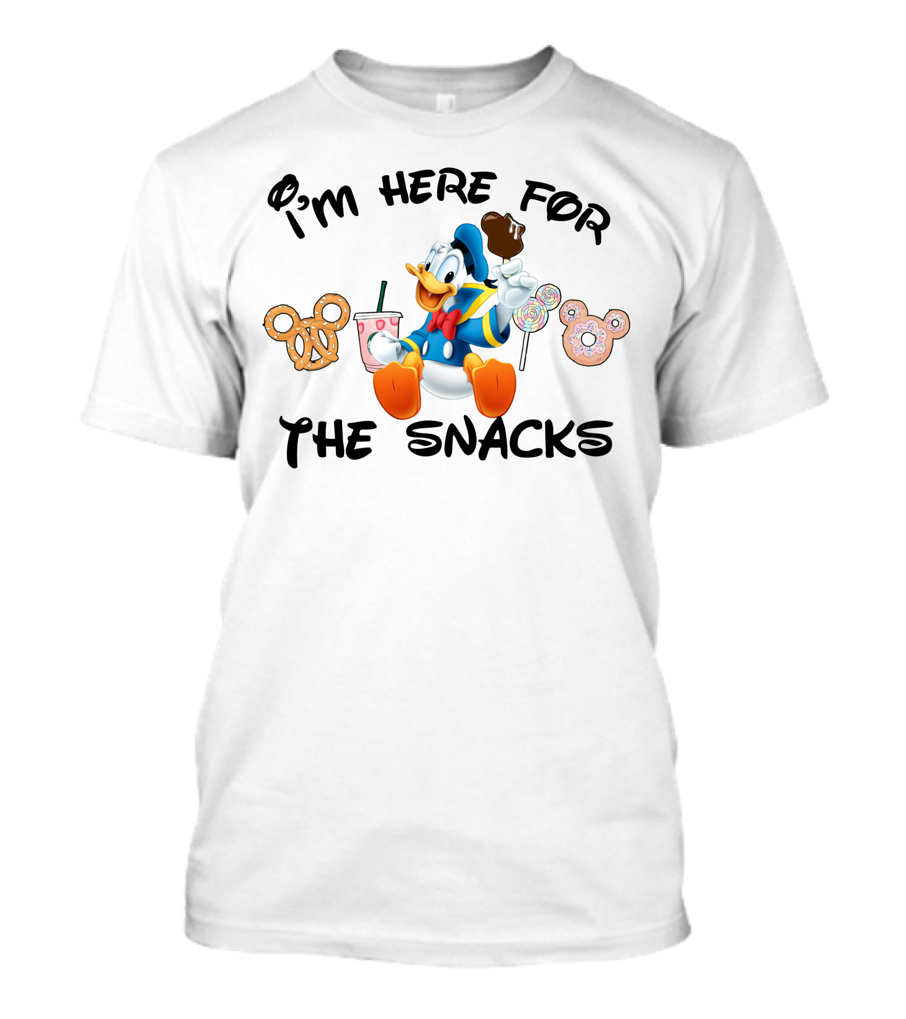 I'm Here For The Snacks Donald Duck Mickey Mouse Pretzel Lollipop Ice Cream Drink T-Shirt