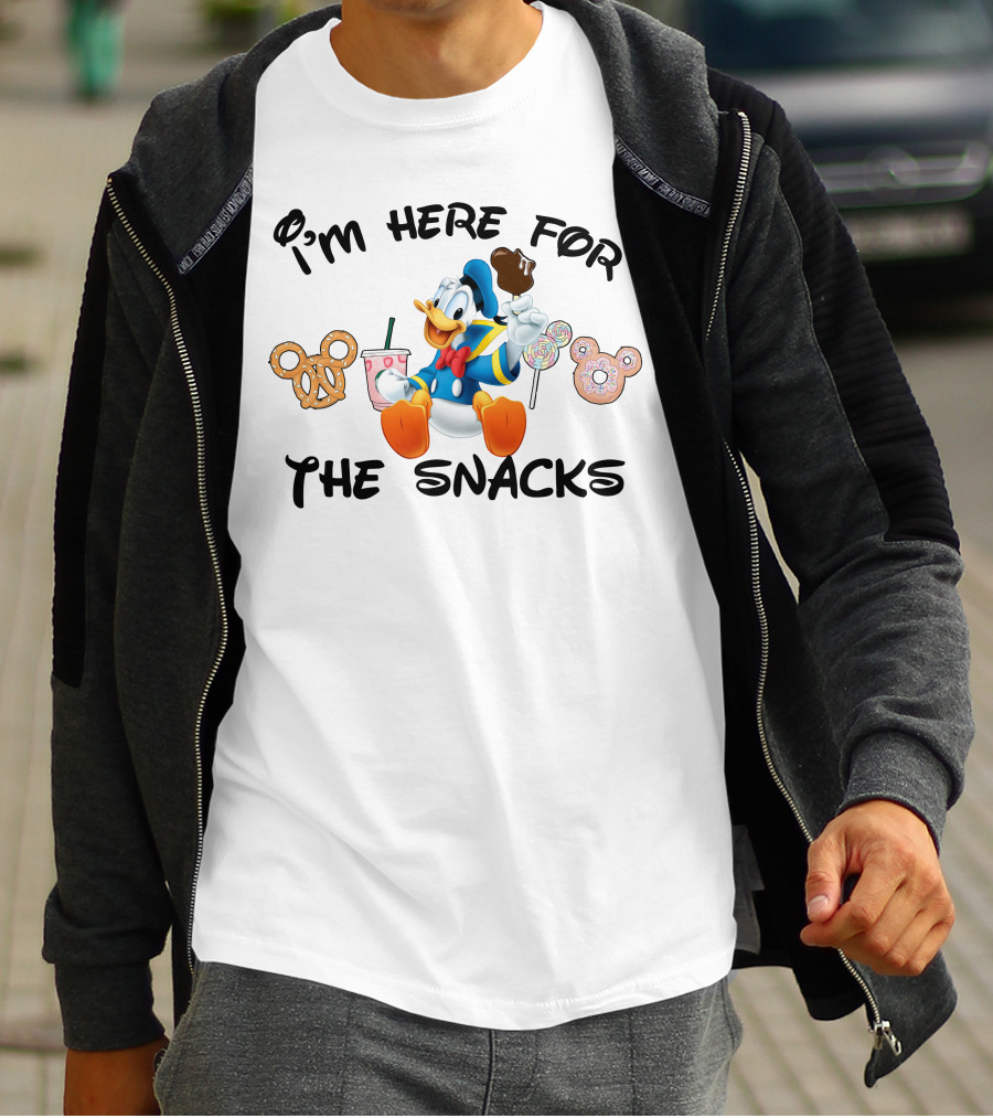 I'm Here For The Snacks Donald Duck Mickey Mouse Pretzel Lollipop Ice Cream Drink T-Shirt
