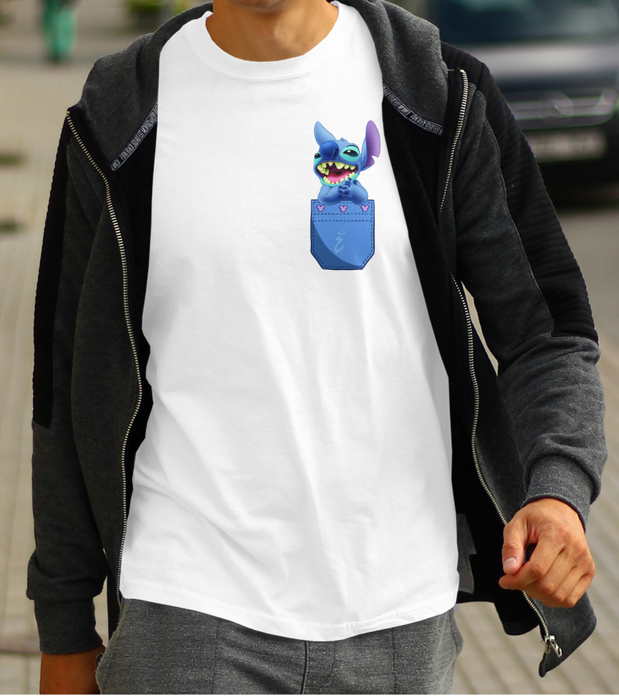 Stitch Pocket Smiling Face With Purple Ears T-Shirt