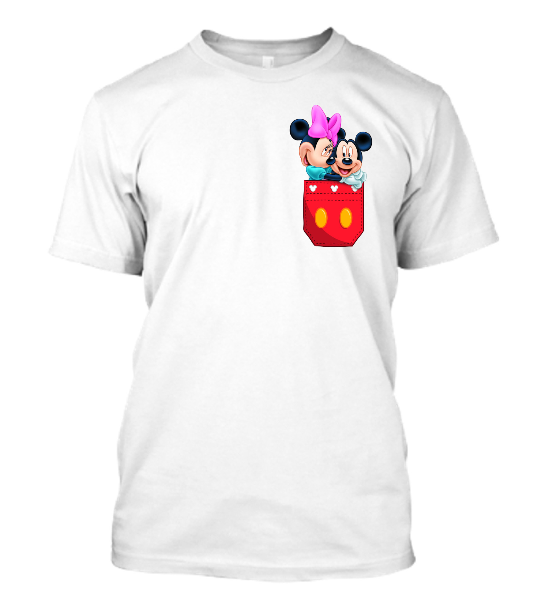 Mickey Mouse And Minnie Mouse In Red Pocket With Hearts And Bow T-Shirt