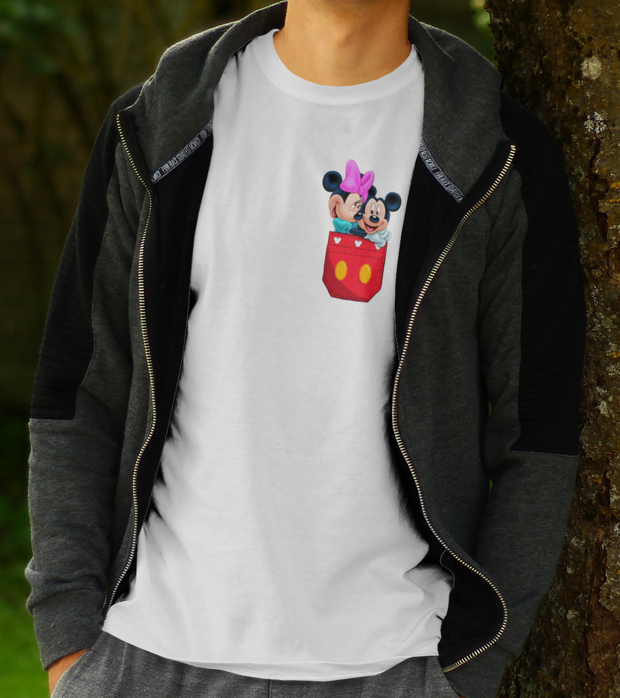 Mickey Mouse And Minnie Mouse In Red Pocket With Hearts And Bow T-Shirt
