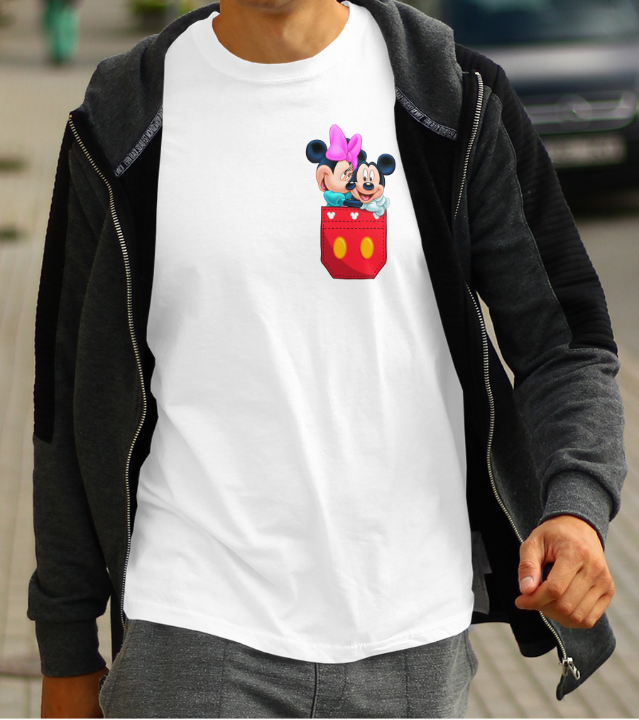 Mickey Mouse And Minnie Mouse In Red Pocket With Hearts And Bow T-Shirt