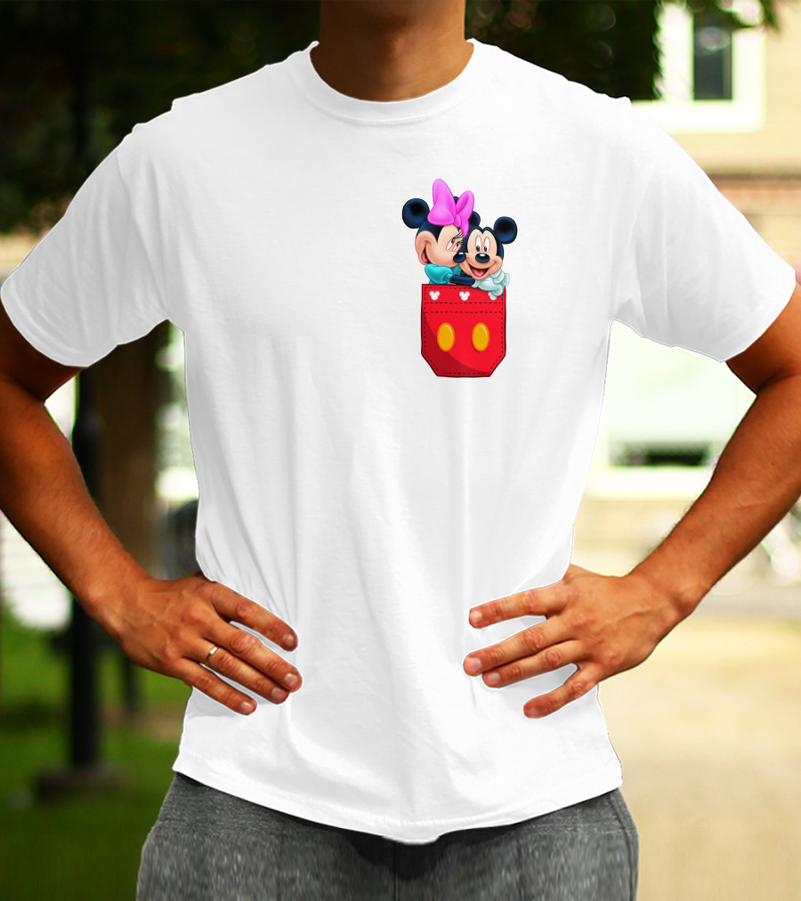 Mickey Mouse And Minnie Mouse In Red Pocket With Hearts And Bow T-Shirt