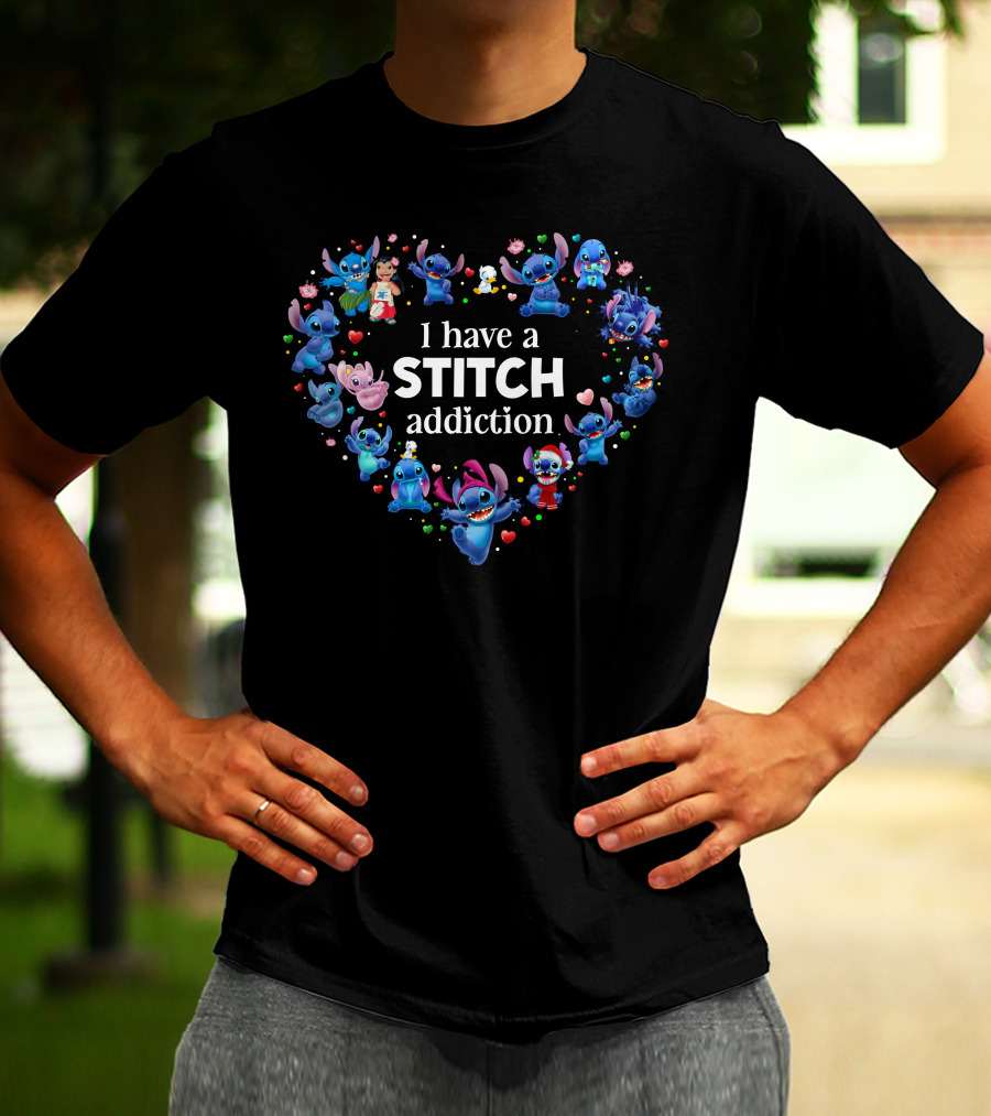 I Have A Stitch Addiction Heart Pattern With Characters T-Shirt