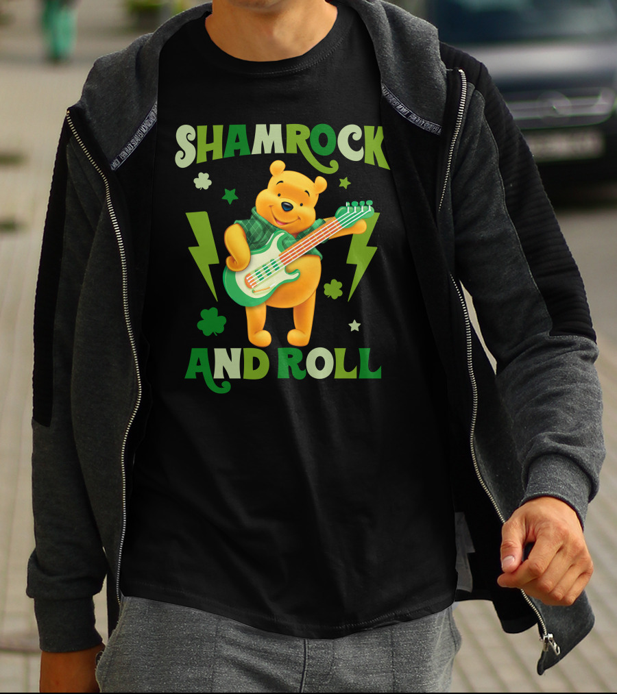 Shamrock And Roll Pooh Bear With Guitar And Green Lightning Bolts T-Shirt