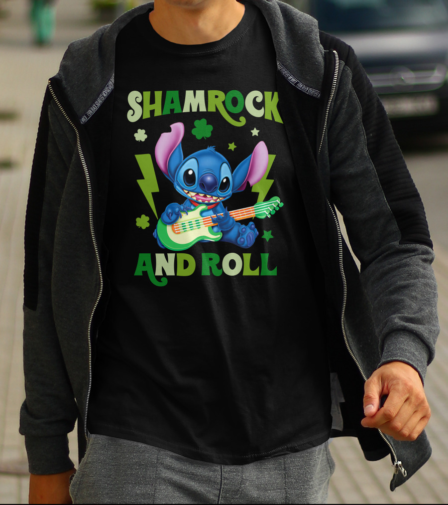 Shamrock And Roll Stitch Playing Guitar T-Shirt