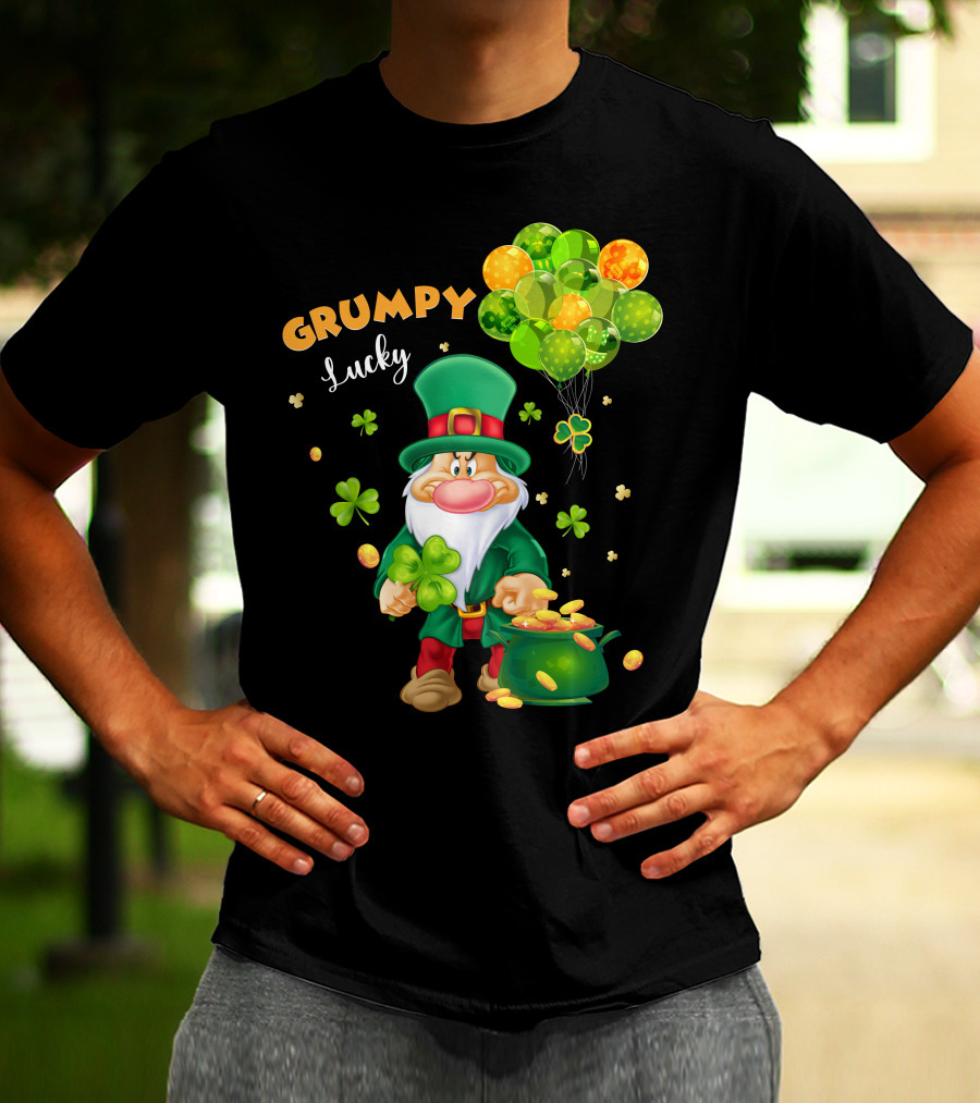 Grumpy Lucky Leprechaun With Shamrocks And Gold Coins T-Shirt