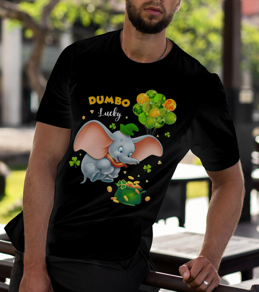 Dumbo Lucky Elephant With Green Hat And Balloons With Pot Of Gold T-Shirt