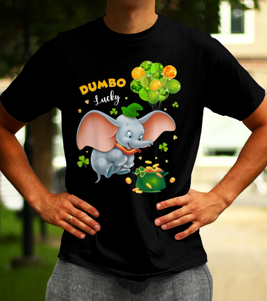 Dumbo Lucky Elephant With Green Hat And Balloons With Pot Of Gold T-Shirt
